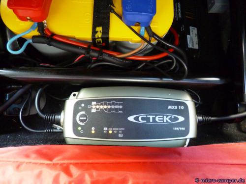 Das Ladegerät tut was es soll (das rote ist der Verbandskasten, der auch noch in den "Keller" passt)