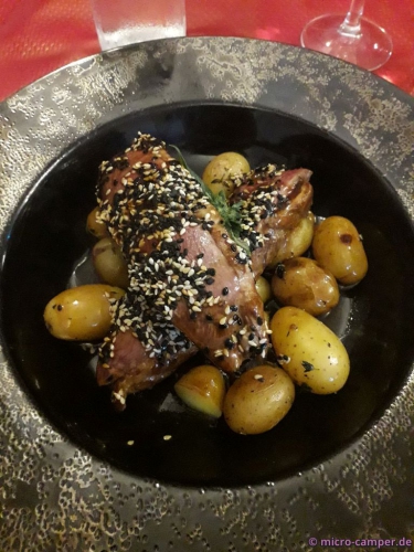 Ente mit Teriyaki-Soße und Sesam auf Rosmarin-Kartoffeln :-P