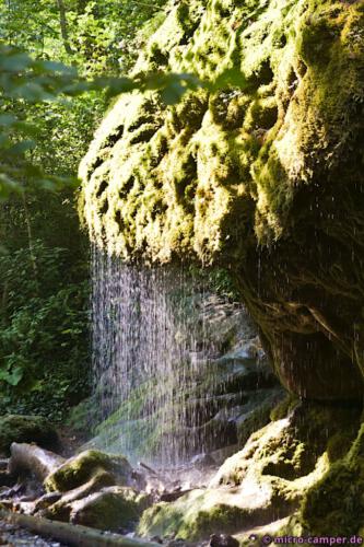 Genau im richtigen Moment vorbei gekommen: vom Sonnenlicht erleuchteter Moos-Wasserfall 
